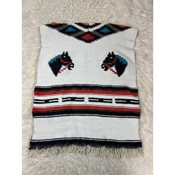 Native Mexican Horse Poncho Heavy Blanket Aztec Southwest Serape Fringe OS - Picture 12 of 12